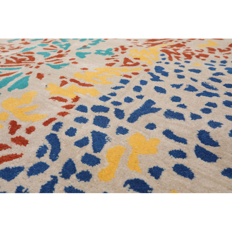 Tapis beige en laine tissé à la main, Rectangle 4 pi 10 po x 7 pi 10 po