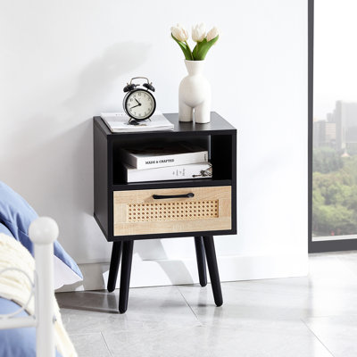 Table de bout moderne avec tiroir 15,48 po pour le salon, la chambre à coucher - pieds en bois massif, côté