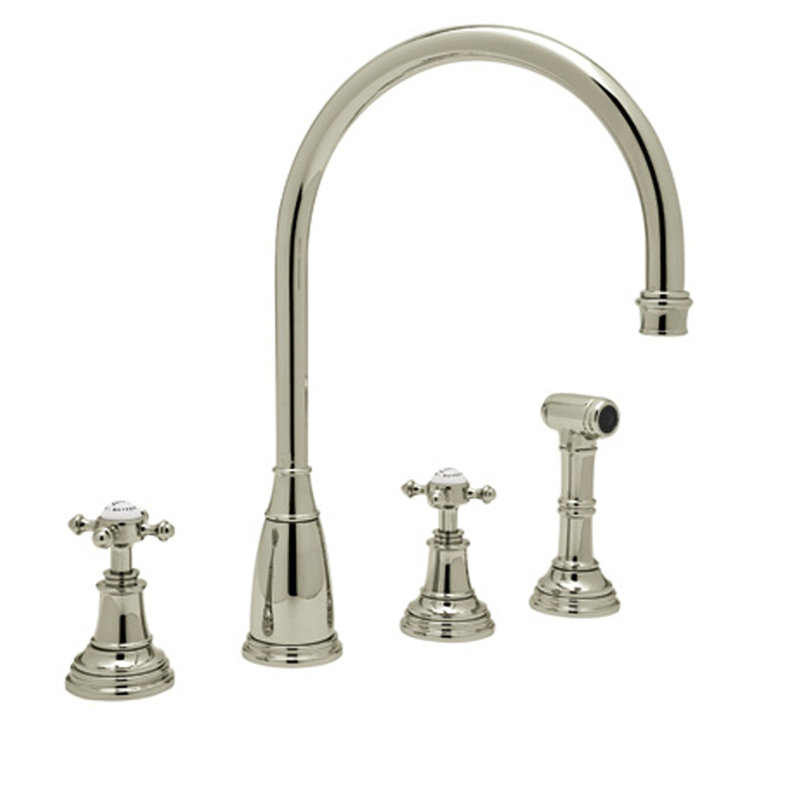 Georgian Era Two Handle Kitchen Faucet With Side Spray, Satin Nickel, Cross