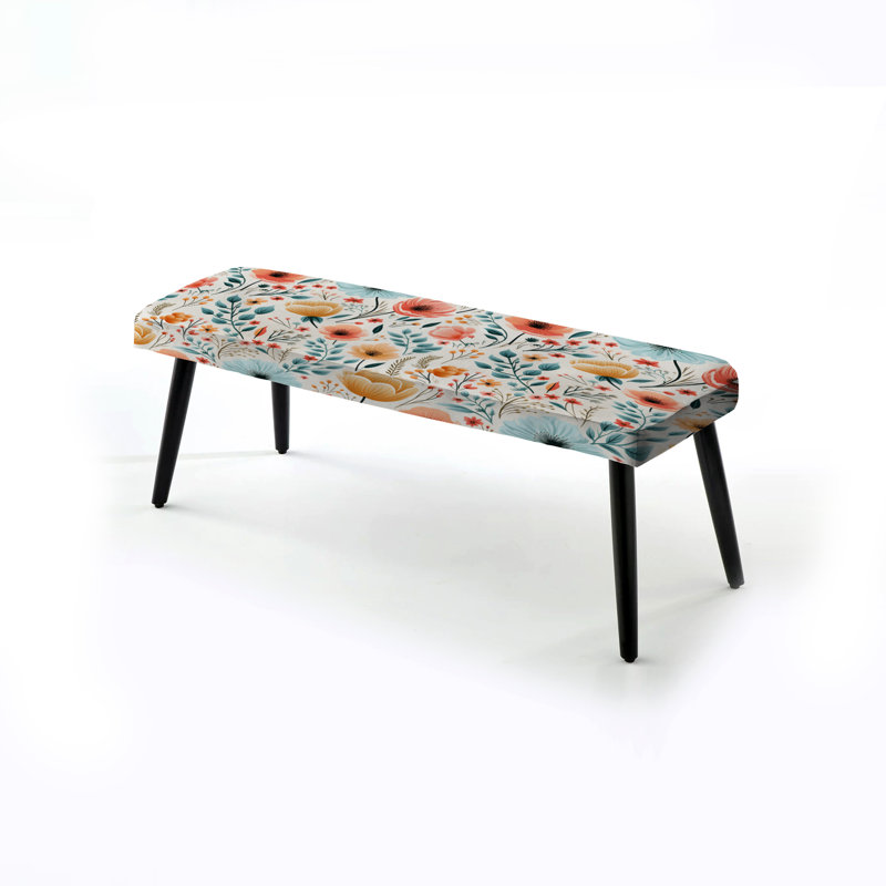 Banc rembourré floral noir Truong, Retro Blue And Pink Floral Harmony Garden