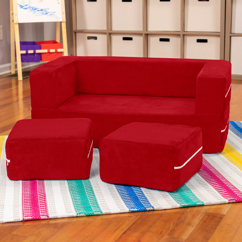 Altermease Zipline Modular Kids Loveseat & Ottomans/Fold Out Lounger, Cherry