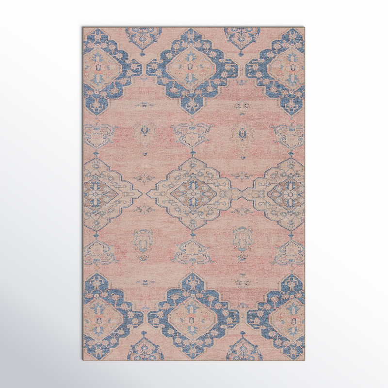 Tapis oriental rose / bleu Asoncin (6 pi x 9 pi), Rectangle 6 pi x 9 pi