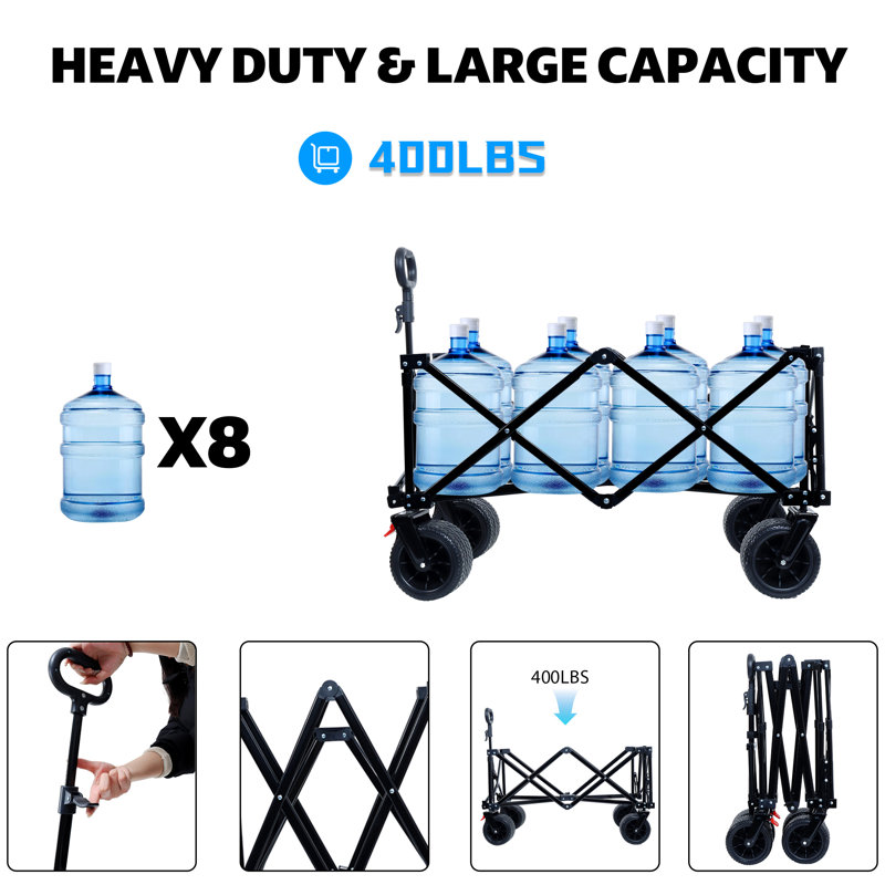 Chariot pliable robuste de 400 lb avec hayon prolongé et housse de pluie: chariot de camping tout-terrain, Noir