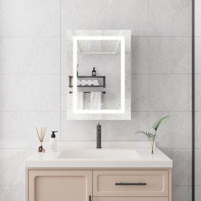Armoire à pharmacie 20 po x 28 po avec miroir à fixation murale à DEL avec lumières, antibuée, imperméable, à intensité variable, 3000 K à 6000 K, porte simple, interrupteur tactile, tablettes de rangement