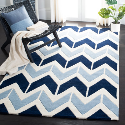 Tapis bleu foncé / bleu clair / blanc en laine touffeté à la main Sanaz