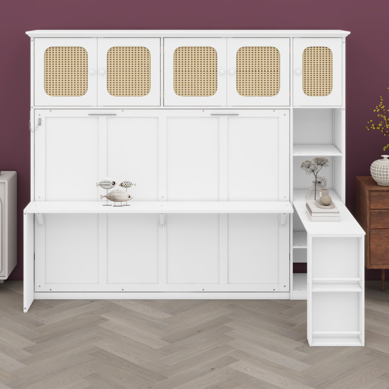 Lit escamotable avec bureau et armoires, lit escamotable peu encombrant pour bureau à domicile, Blanc chaud