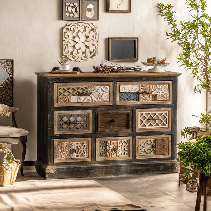 Rustic Wood Carved Storage Cabinet