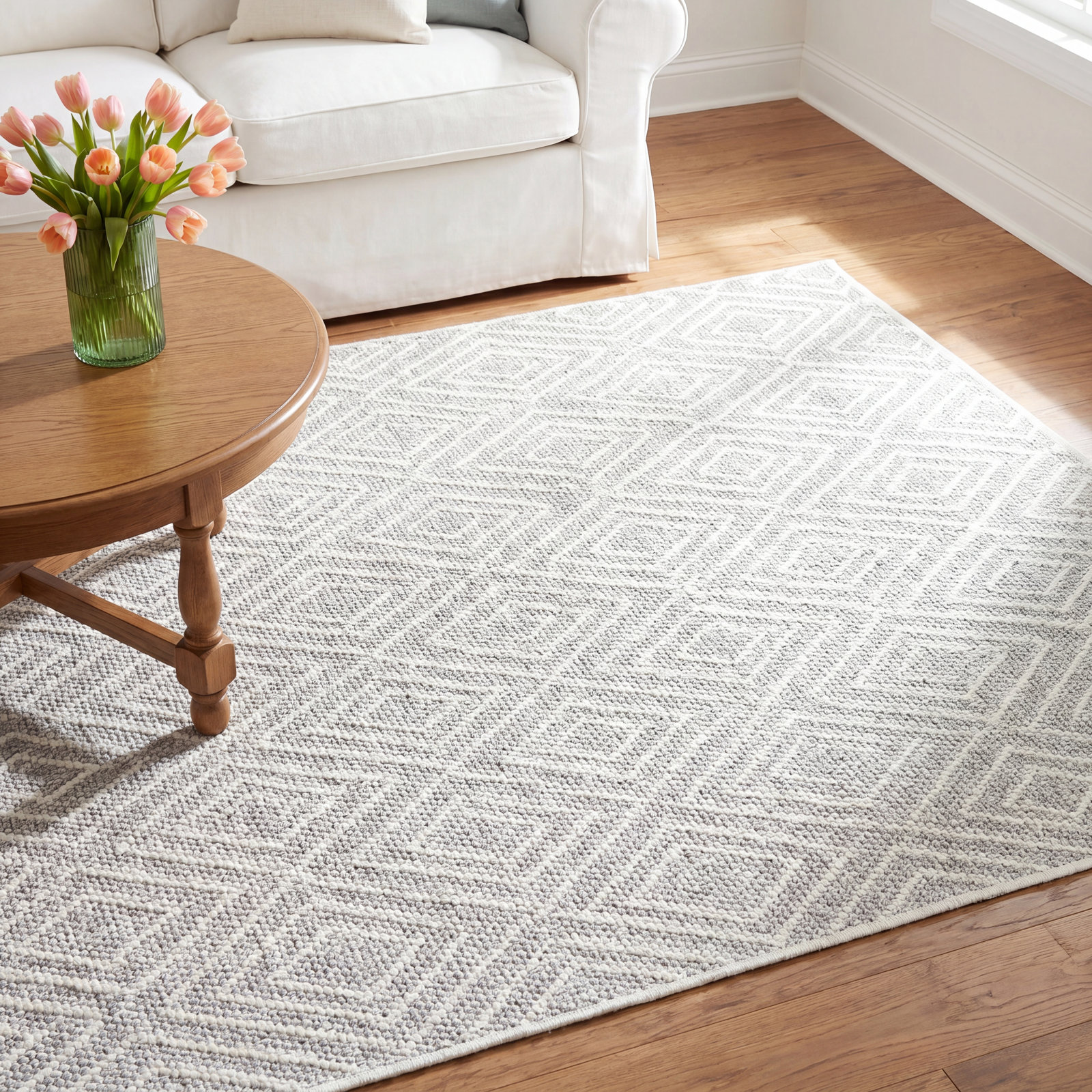 Diamond Platinum White Washable Geometric Rug, Rectangle 8'6" x 11'6"