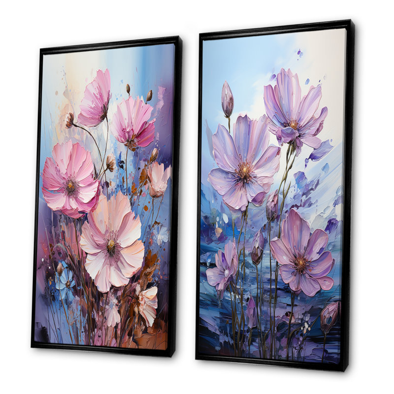 «Pink Morning Glory», art liquide, champ de fleurs - fleurs sauvages, ensemble de 2 impressions sur toile, Cadre noir