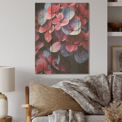 Harmonie de néon rose, harmonie I - hortensia, art mural sur bois de pin naturel