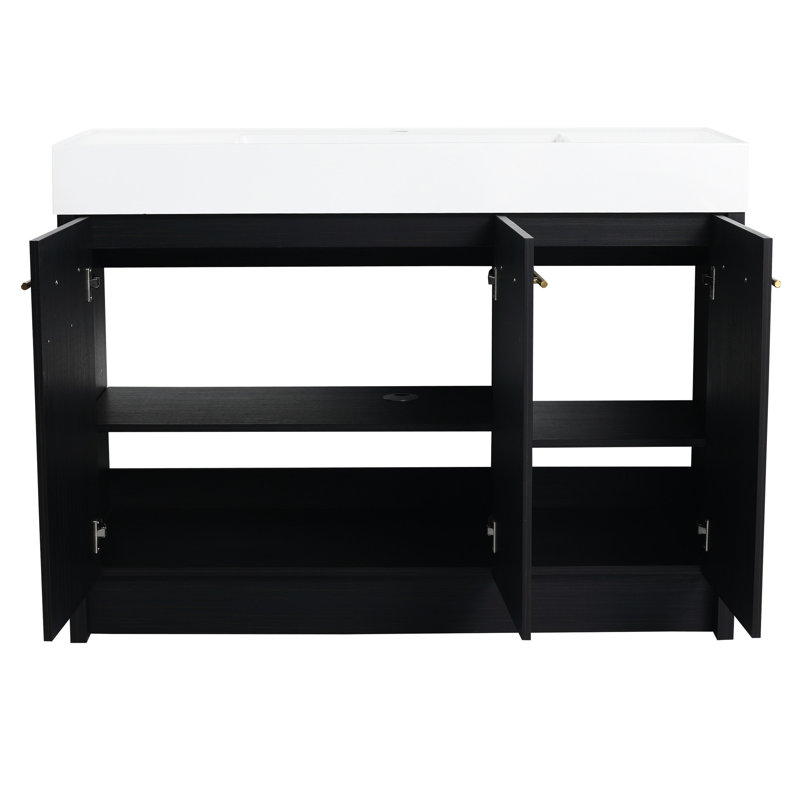 Meuble-lavabo autoportant 48 po avec lavabo en résine, porte transparente, élément moderne, exposition châtaignier noir, accessoire en contreplaqué
