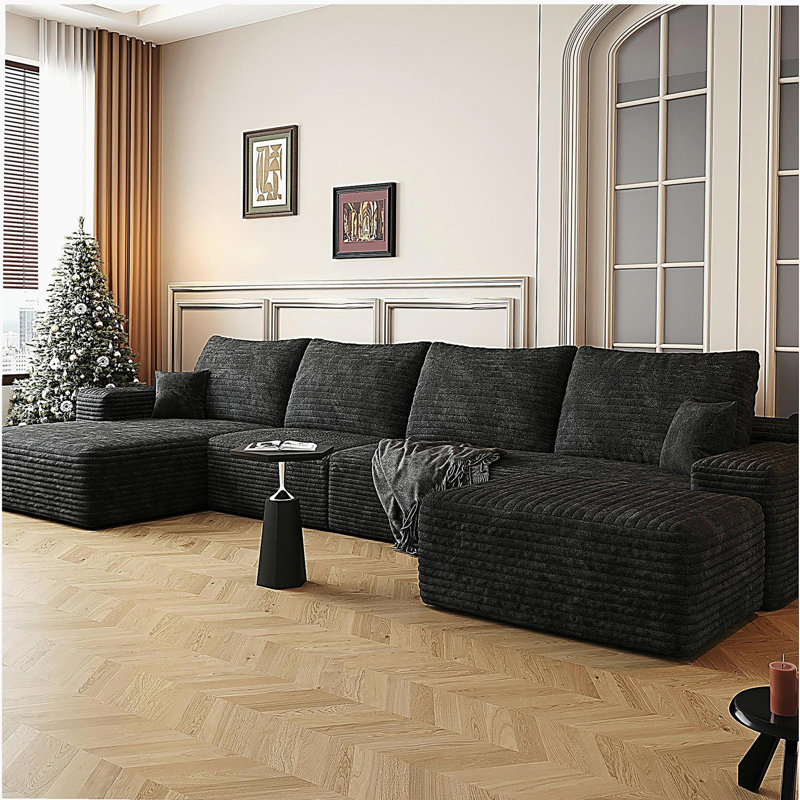 Canapé de 135 pouces avec 1 repose-pieds, canapé en velours simple moderne, canapé de salon en forme de U confortable, canapé d'angle à siège profond, sans assemblage requis, noir (faux velours)