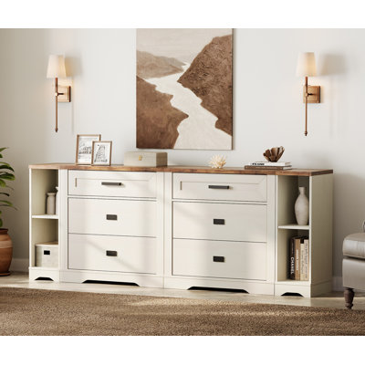 Meuble télé pour téléviseurs 75 85 95 po, commode en bois avec commode 6 tiroirs et rangement ouvert pour le salon Laziza Farmhouse