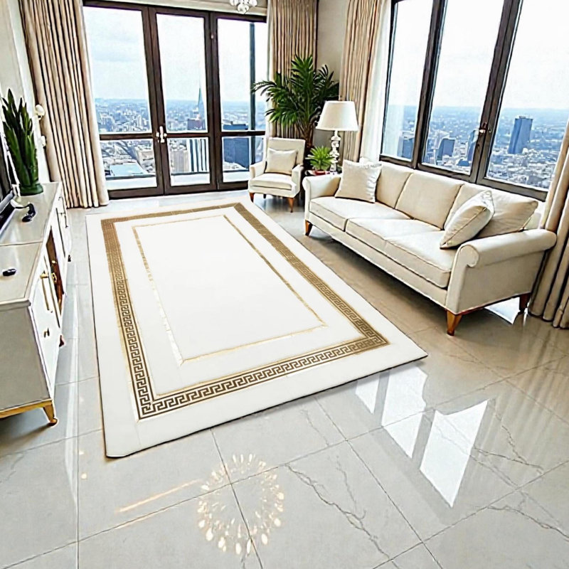 White Faux Fur Rug, Gold Geometric Border,, Rectangle 4' x 6'