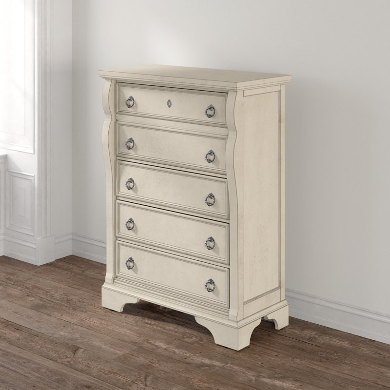 Dunham 40'' W 5 - Drawer Dresser, Antique White with Rub Through