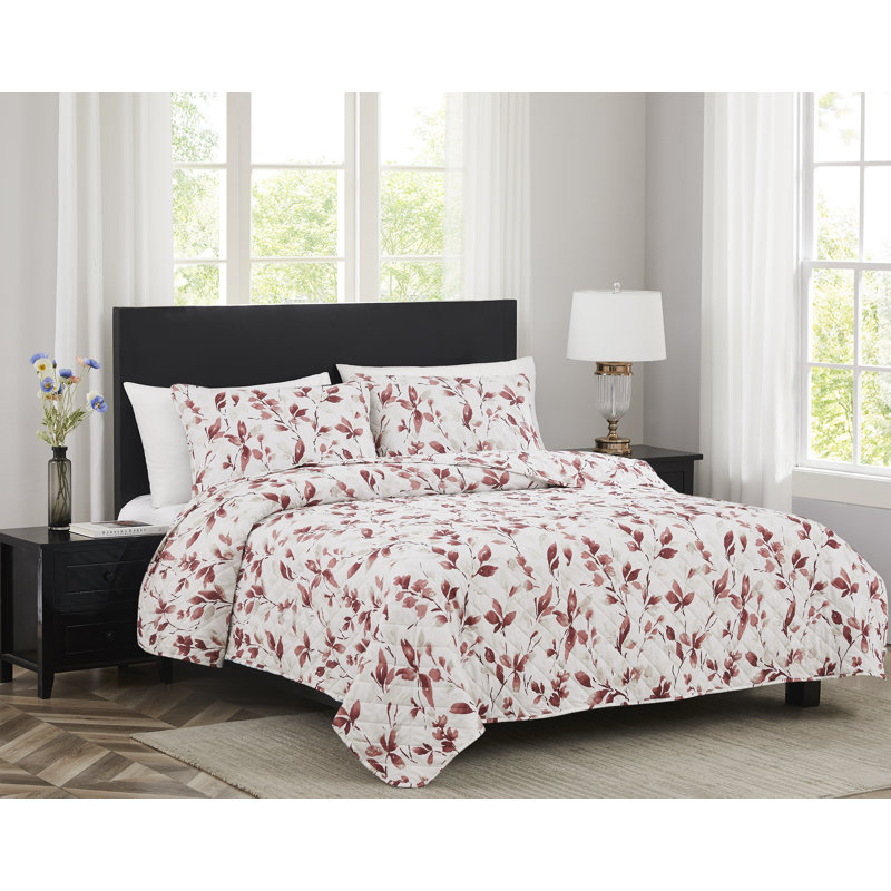  Ensemble de courtepointe rose en microfibre à motif floral, Rouge, Courtepointe pour lit grand + deux taies décorati