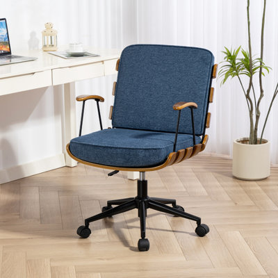 Modern Swivel Upholstered Solid Wood Task Chair With Adjustable Height And Bent Wood