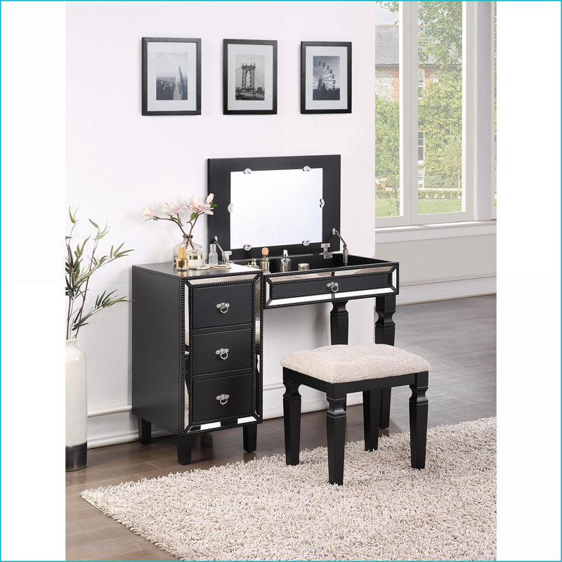 Ensemble de meuble-lavabo avec tabouret, mobilier de chambre noir traditionnel avec miroir en acier inoxydable 3 tiroirs | Bois d'hévéa | Noir