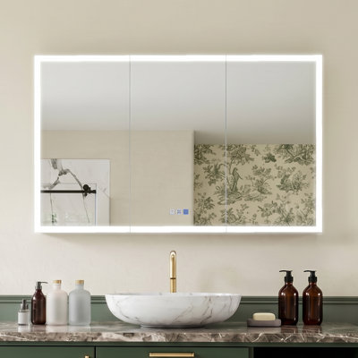 Armoire à pharmacie 48 po à DEL avec miroir, armoire de salle de bain en aluminium avec lumières, antibuée, température à 3 couleurs à intensité variable, encastré ou en surface, espace de rangement généreux