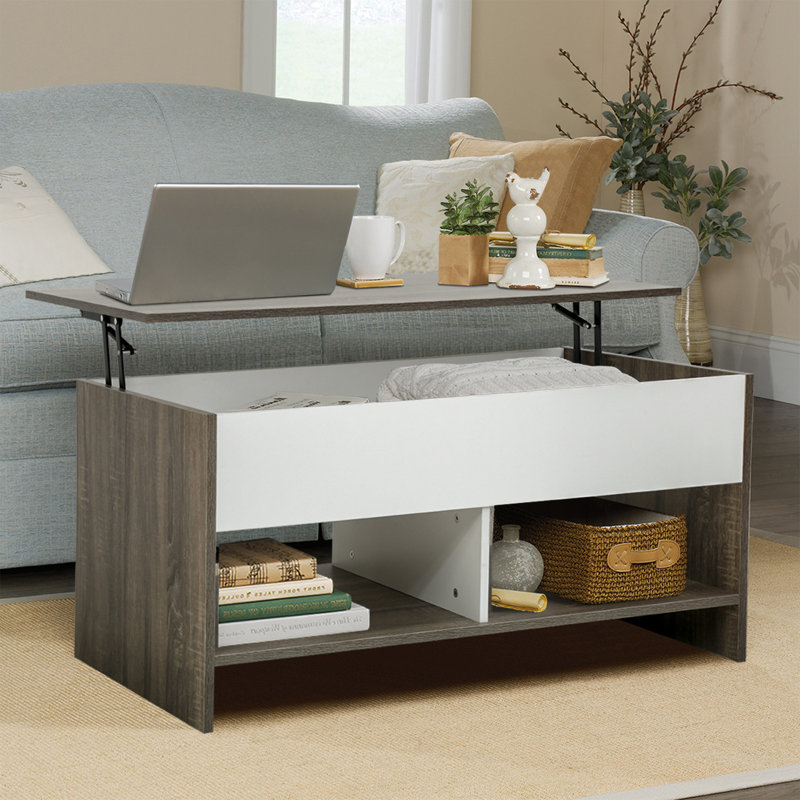 Table basse à plateau relevable avec compartiment caché et tablette inférieure avec barre à air silencieuse et plateau escamotable pour le salon (chêne et blanc)