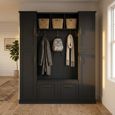 60" Farmhouse Hall Tree with Bench, Large Mudroom Storage Cabinet with 5 Hooks, Adjustable Shelves & Hidden Shoe Storage