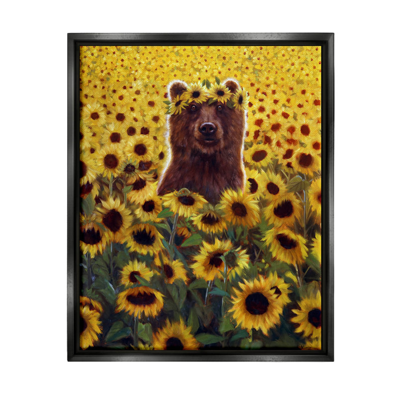 «Happy Bear Sunflower Field», peinture sur toile à cadre flottant, Cadre flottant noir de jais, H 21 po x l 17 po x P 1,7 po