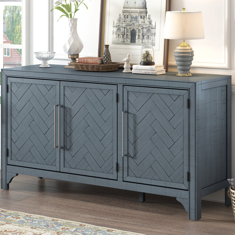 Buffet d'armoire bleu marine avec placage de pin. Vaste espace, tablettes réglables pour une salle d'étude élégante. + Placage, tablettes, rangement spacieux