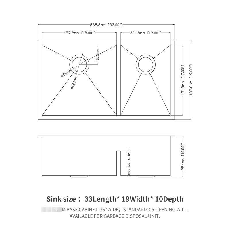 33X19x10 Inch Undermount Double Bowl  60/40  Kitchen Sink, 16 - Gauge Stainless Steel Material, Two 10" Deep Basins, Rear 3.5 Drain Compatible With Standard Garbage Disposal, X Grooves For Efficient
