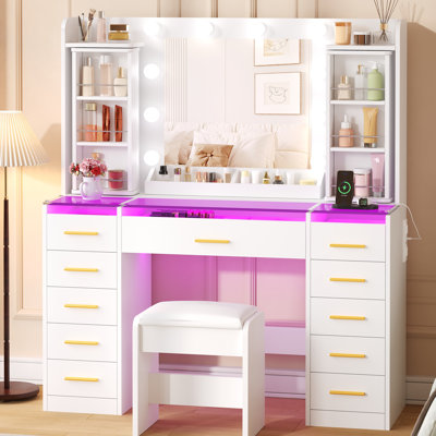 Vanity Desk with 11 Drawers & Mirror Lights, Glass Top & Power Outlet