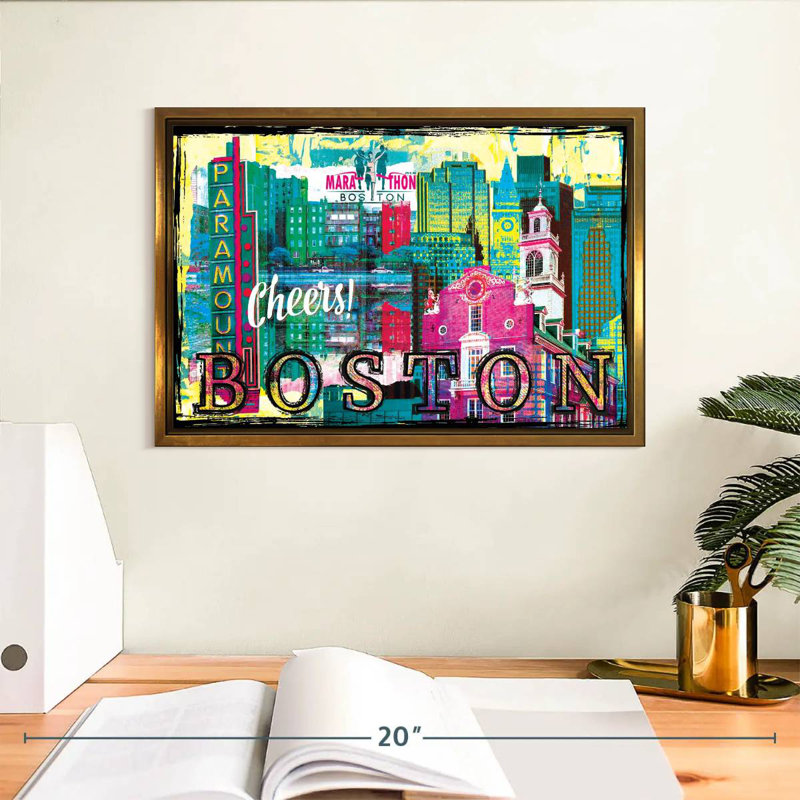 Repères grunge de Boston City, Cadre flottant doré, 13 po x 9 po