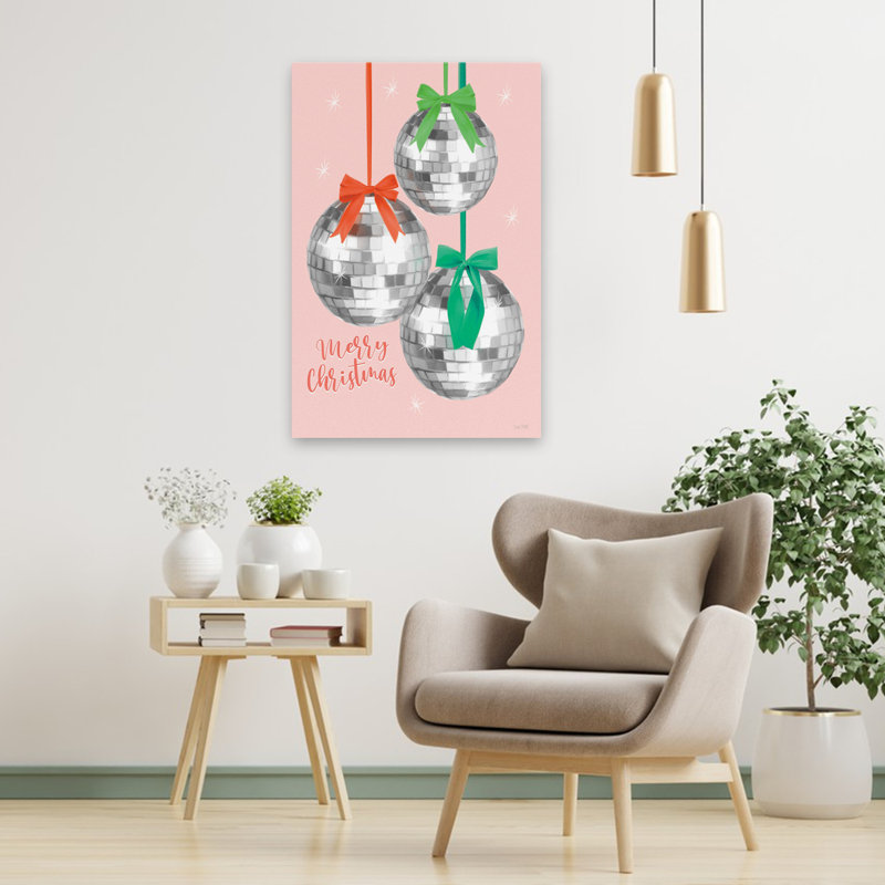 Disco «Merry Christmas» - Boules de disco «Merry Christmas» contemporaines sur fond rose, H 36 po x l 24 po