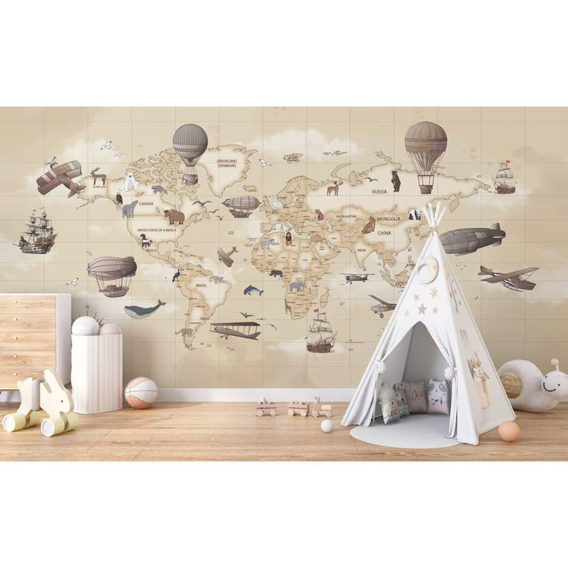 Papier peint carte du monde rétro, L 108 po x l 96 po