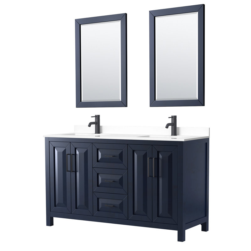 Daria 60'' W Double Vanity, Carrara Cultured Marble, Dark Blue, Brushed Gold