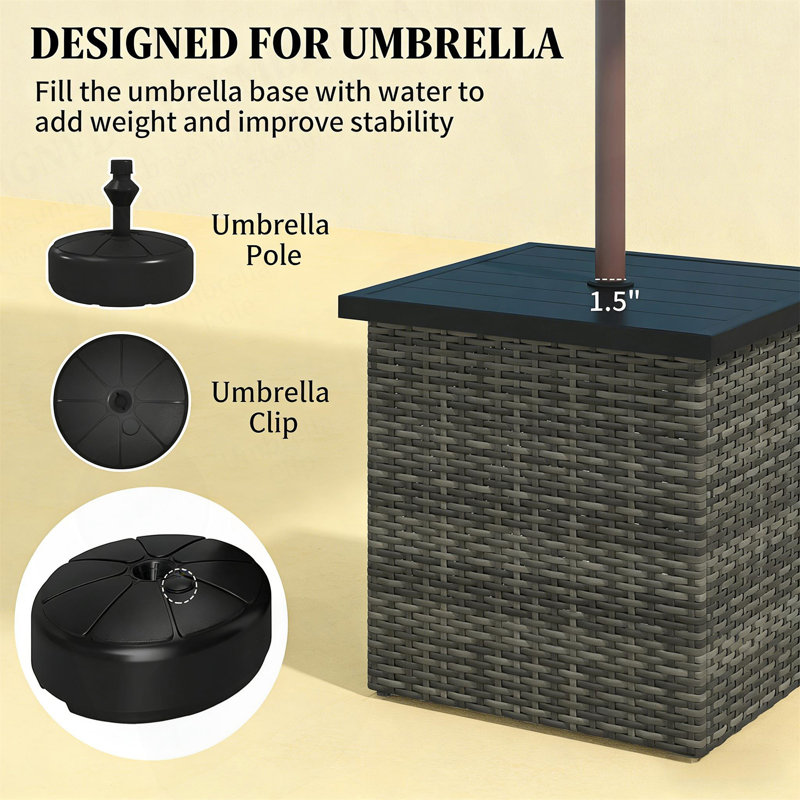 Square Outdoor End Table With Umbrella Hole, All-Weather Wicker Side Table For Patio, Garden, And Balcony Use., Gray
