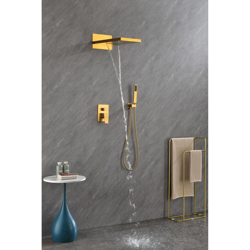 Wall Mounted Shower Kit With Rectangular Head And Handheld - Gold Brass Faucet Finish