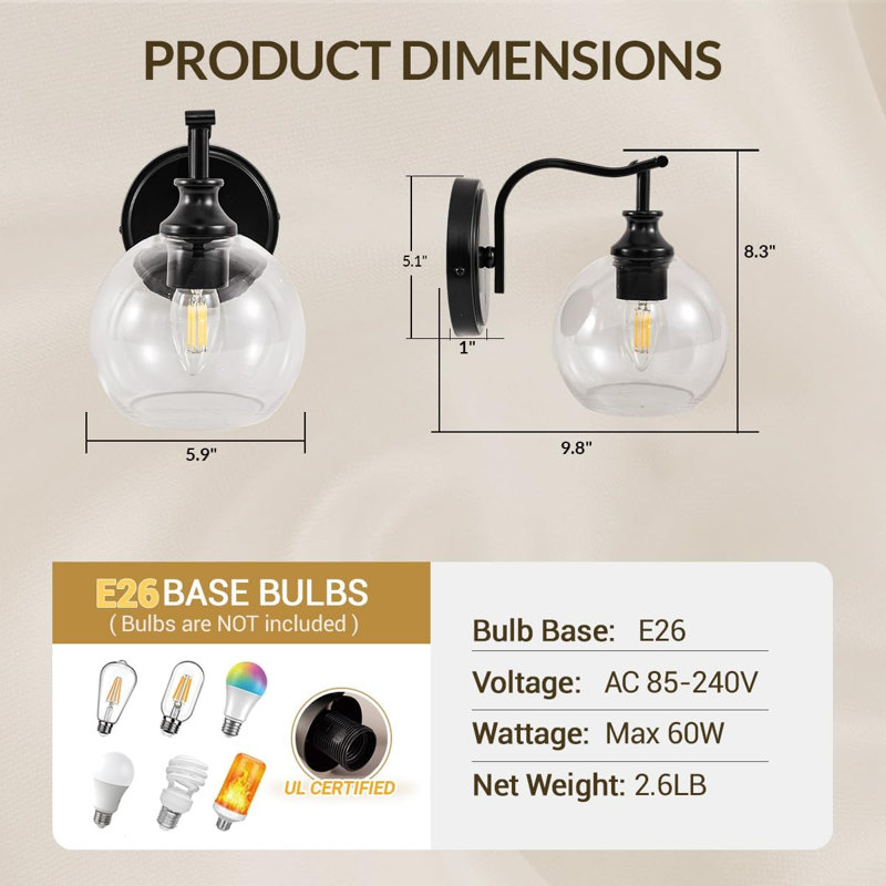 Luminaire de salle de bain Modern, Noir mat, H 8,3 po x l 9,8 po x P 9,8 po, Une lumière
