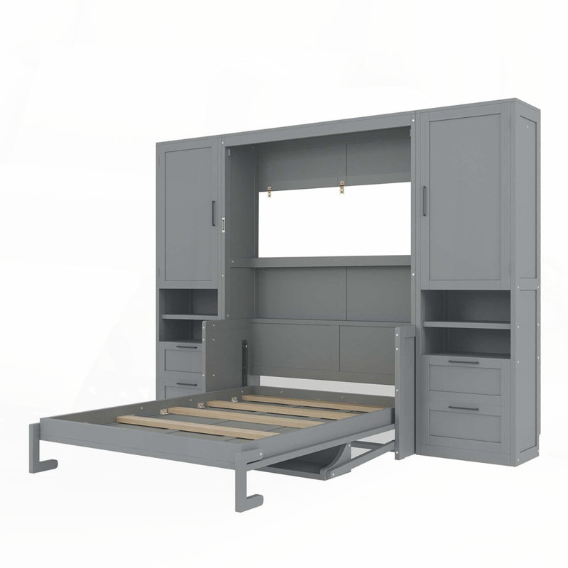 Lit escamotable double avec placard, tiroirs et tablettes, gris