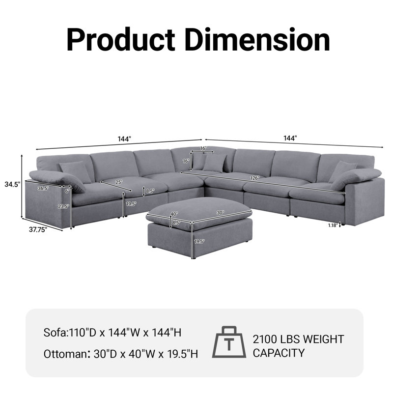 144" Chenille Modular Sectional Sofa 8 Seat Oversized Upholstered Cloud Couch With Corner & Movable Ottoman, Gray Chenille