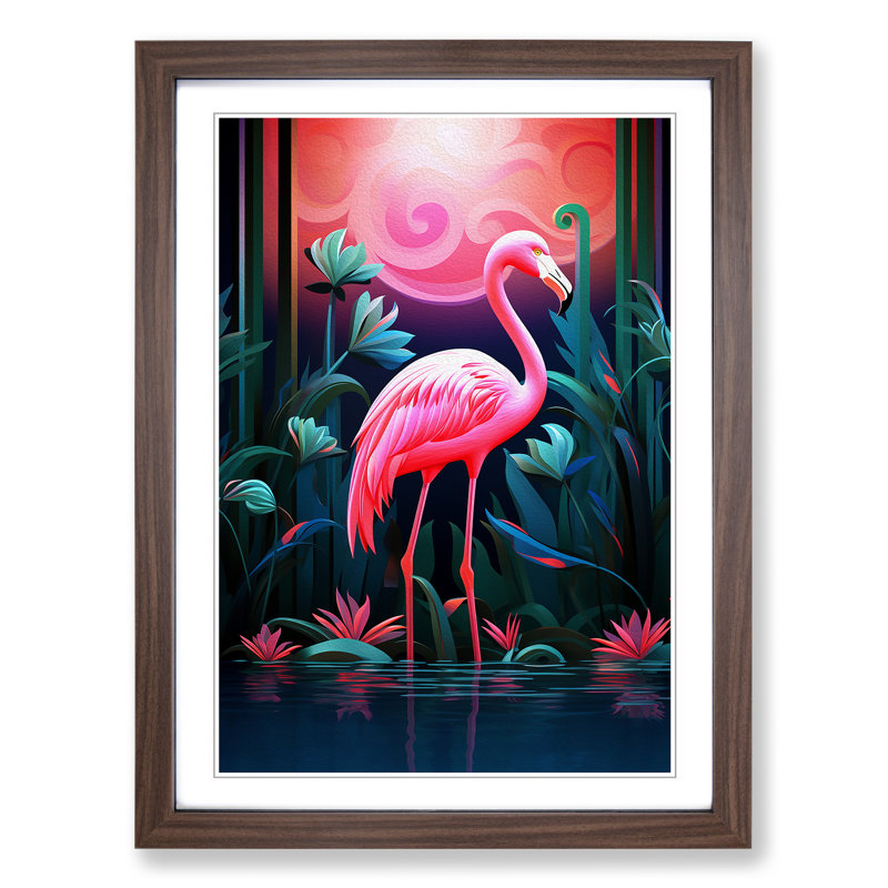 Flamingo Art Deco No.2 - Single Picture Frame Print on Wood, 34cm H x 25cm W x 2cm D, Walnut
