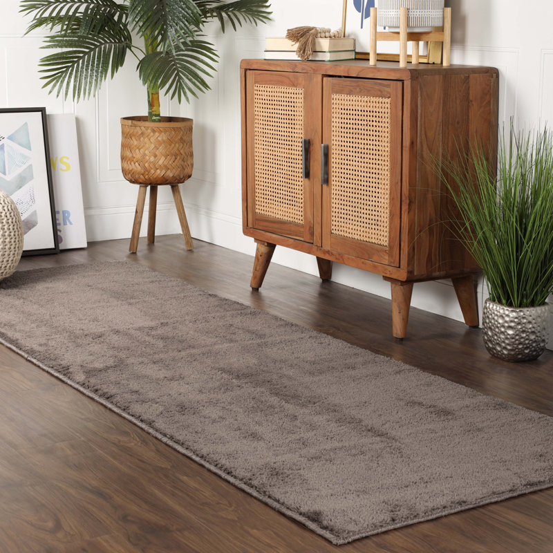 Hemsworth California Shag Solid Polyester Non-Slip Indoor Area Rug or Runner With Foam Backing, Runner 2'7" x 6', Warm Stone
