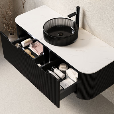 Transparent Black Crystal Glass Basin In 48" Wall - Mounted Bathroom Vanity, Cabinet With 2 Drawers, 3D Striped Waterproof Finish, Soft Close Undermount Slides, High Strength Plywood, Pre Assembled