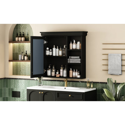 Armoire à pharmacie murale noire moderne avec miroir 30 po x 28 po, idéale pour la salle de bain et le miroir de rangement de bureau, portes à fermeture douce
