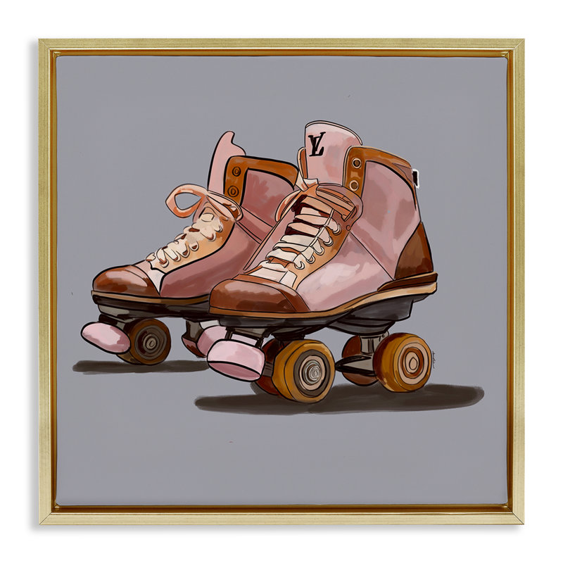 "Roller Skates on Gray Gray", art mural sur toile flottante par Amelia Noyes, Cadre flottant métallique doré