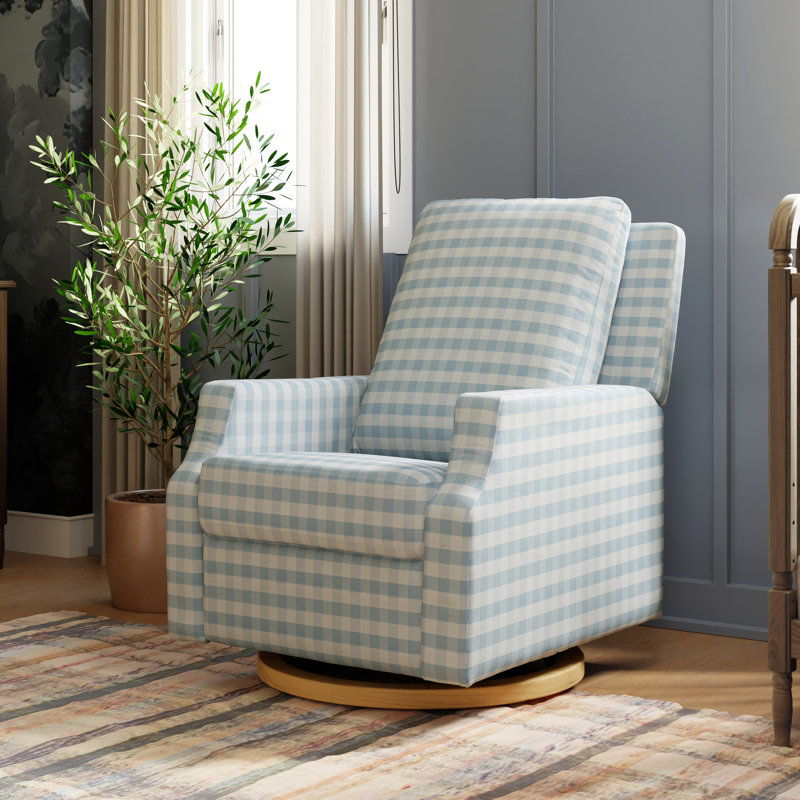 Crewe Recliner and Swivel Glider, Blue Gingham Polyester Blend