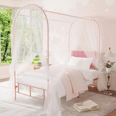 Twin Canopy Bed Frame with Upholstered Headboard, Metal Kids Bed Frame, No Box Spring Needed