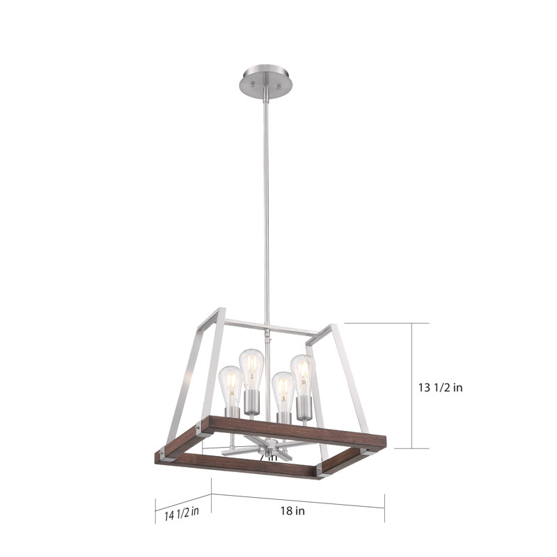 Luminaire suspendu carré simple à 4 lumières Bouck, Nickel brossé / Bois de muscade