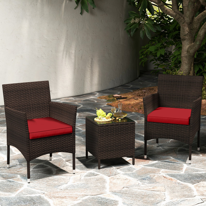 3 Pcs Outdoor Conversation Set With Cushioned Seat & Tempered Glass Tabletop, Red