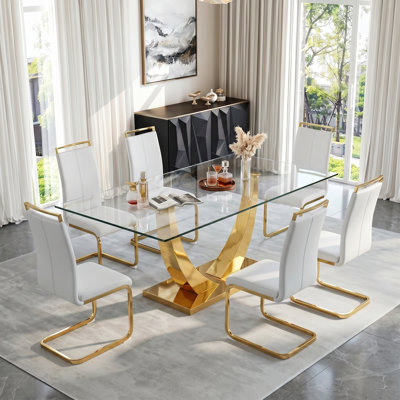 Modern 63" Rectangular Tempered Glass Dining Set with Metal Base and Faux Leather Cantilever Chairs