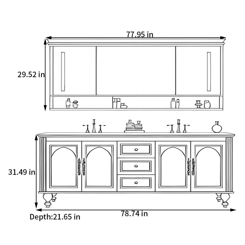 Armoire de salle de bain française, H 31,49 po x l 78,74 po x P 21,65 po