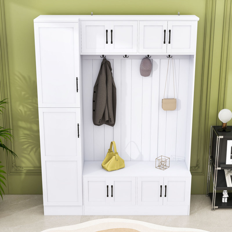 Minimalist Hall Tree with Cabinets, Adjustable Shelves, Bench Seating, White